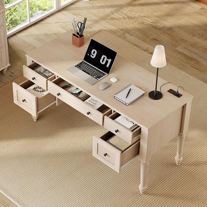 WAMPAT Home Office Furniture Set, 56'' Executive Desk with Charging Station, 72" Tall Bookcase with 4 Glass Doors, Wood Computer Desk with File Cabinet Storage, Open Shelf, Light Oak
