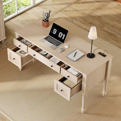WAMPAT Home Office Furniture Set, 56'' Executive Desk with Charging Station, 72" Tall Bookcase with 4 Glass Doors, Wood Computer Desk with File Cabinet Storage, Open Shelf, Light Oak