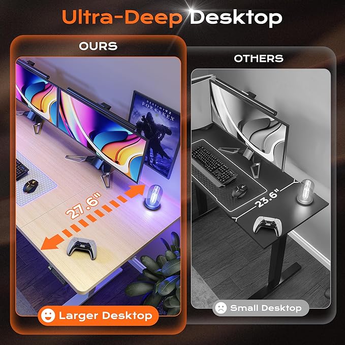Huuger 63 x 28 Large Electric Standing Desk, Height Adjustable Computer Desk, 27.6" Deep Desktop, Stand up Gaming Office Table with 2 Hooks, 3 Preset Heights, for Home Office, Maple