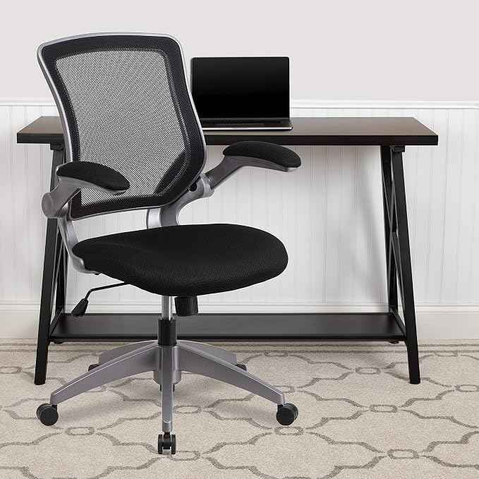 Flash Furniture Kale Mid-Back Black Mesh Swivel Ergonomic Task Office Chair with Gray Frame and Flip-Up Arms
