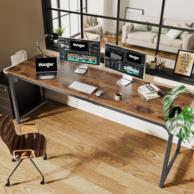 Huuger Computer Desk, 80 Inch Office Desk, Gaming Desk with Storage, Writing Desk Work Desk for Home Office, Study, Long Simple Desk, Large Legroom, Metal Frame, Rustic Brown