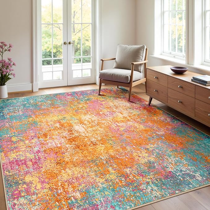 RELEANY Washable Area Rugs 4'x6' Non-Slip Modern Abstract Soft for Living Room Entryway Bedroom Kitchen, Print Pattern, Orange Blue Pink Yellow Colorful
