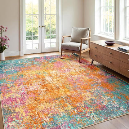 RELEANY Washable Area Rugs 4'x6' Non-Slip Modern Abstract Soft for Living Room Entryway Bedroom Kitchen, Print Pattern, Orange Blue Pink Yellow Colorful