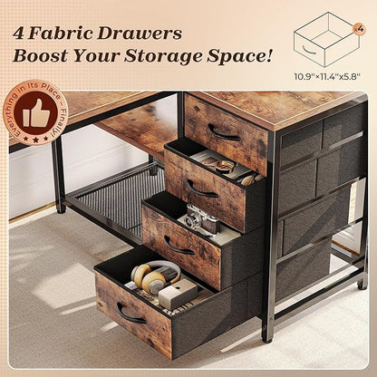 PRAISUN 43.3" Small Computer Desk with Power Outlets & USB-C Port, Reversible L Shaped Corner Office Desk with 4 Fabric Drawers and 2 Adjustable Storage Shelves, for Gaming Writing, Rustic Brown