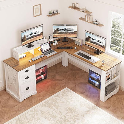 Lareth Executive L Shaped Desk with Monitor Stand, 59 inch Farmhouse Corner Computer Desk with Power Outlets & LED Lights, Home Office Desk with File Cabinet for Working Gaming Writing, White