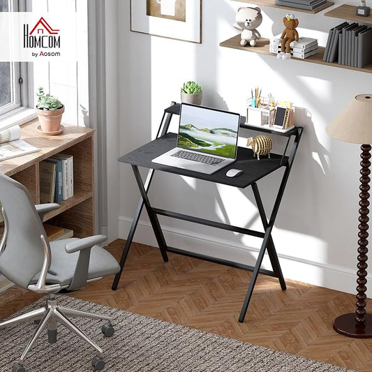 HOMCOM Small Folding Desk, 32 Inch Foldable Computer Desk with Monitor Shelf, Space Saving Portable Writing Table for Small Spaces, Home Office, Study, Easy Assembly, Black