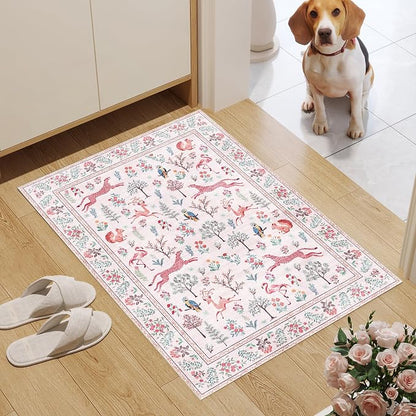 DUKINO 2x3 Rug, Washable Animal Rugs for Entryway, Non Slip Indoor Door Mat, Soft Low Pile Small Area Carpet for Entrance, Bedroom, Kitchen, Laundry, Bathroom, Pink