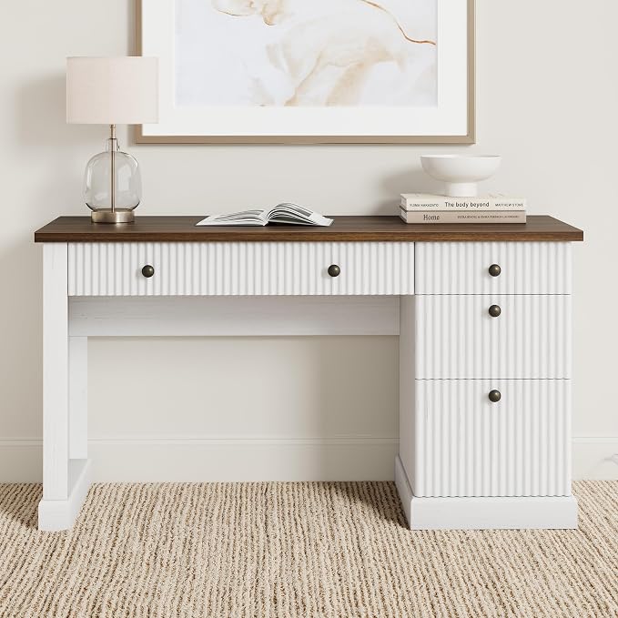 Garvee Fluted Home Office Desk with File Drawer, 54" Modern Executive Desk with Charging Station, Wooden Computer Writing Desk for Home Office, Study Room, White