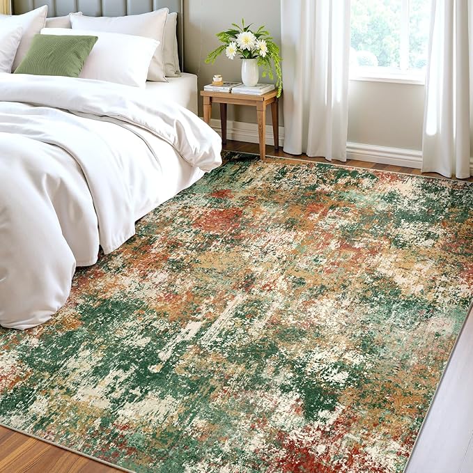 RELEANY Washable Area Rugs 7'x9' Non-Slip Modern Abstract Soft for Living Room Entryway Bedroom Kitchen, Print Pattern, Green Orange Rust Red Cream Colorful
