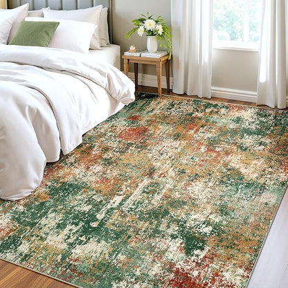 RELEANY Washable Area Rugs 7'x9' Non-Slip Modern Abstract Soft for Living Room Entryway Bedroom Kitchen, Print Pattern, Green Orange Rust Red Cream Colorful