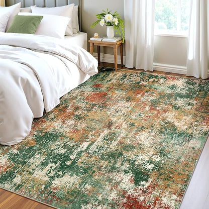 RELEANY Washable Area Rugs 5'x8' Non-Slip Modern Abstract Soft for Living Room Entryway Bedroom Kitchen, Print Pattern, Green Orange Rust Red Cream Colorful