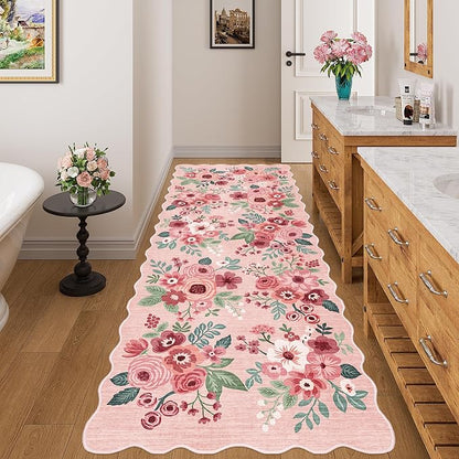 DUKINO 3x8 Washable Runner Rug, Soft Indoor Floral Non Slip Long Runner Rug for Hallways, Lightweight & Low Pile Floor Carpet for Kitchen, Entryway, Hallway, Bathroom, Laundry, Bedroom, Pink