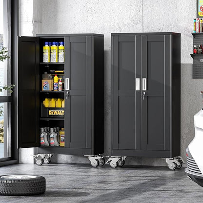 winiowa 61" Tall Metal Garage Storage Cabinet with Wheels, Steel Locking Rolling Tool Cabinet with 3 Adjustable Shelves for Garage,Home,Office (Black)