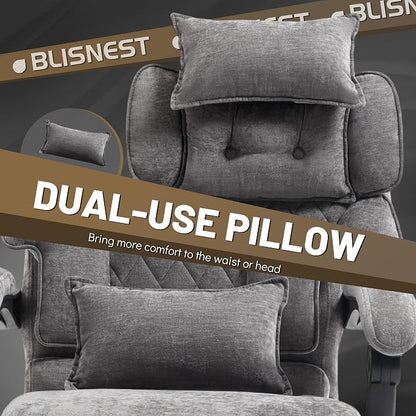 Massage Office Chair with Foot Rest,6 Points Vibration & Heat Executive Office Chairs,Big and Tall Fabric Office Chair 500LBS,Ergonomic Desk Chair for Heavy People,Recliner with Dual-Use Pillow,Grey