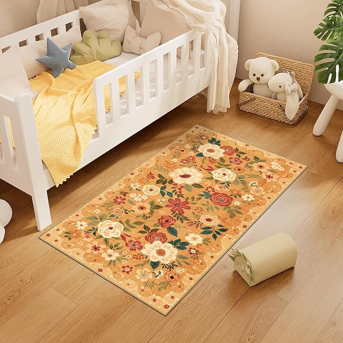 DUKINO 2x4 Rug for Entryway, Washable Kitchen Floral Runner Rug with Non Slip Backing, Low Pile Soft Boho Carpet for Kitchen, Hallway, Entryway, Laundry, Bedroom, Orange