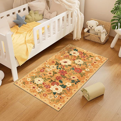 DUKINO 2x4 Rug for Entryway, Washable Kitchen Floral Runner Rug with Non Slip Backing, Low Pile Soft Boho Carpet for Kitchen, Hallway, Entryway, Laundry, Bedroom, Orange