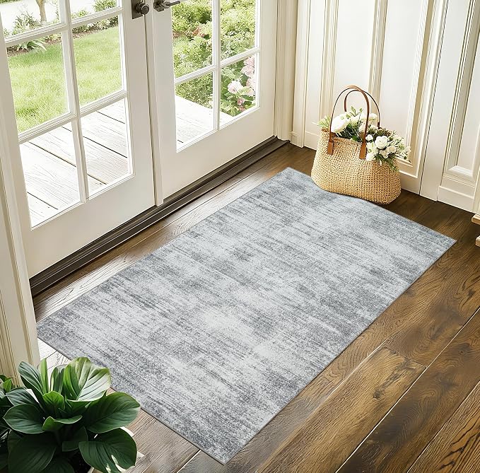 BILEEHOME Gray Washable Non Slip Bathroom Rug Modern Aesthetic Abstract 2x3 Rug for Kitchen Floor Small Soft Light Grey Floor Protector Carpet for Entryway Bedside 2 x 3
