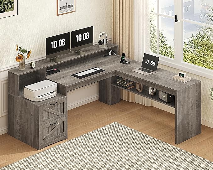 YOMILUVE Farmhouse 63" L Shaped Desk with Drawers, Home Office Desks with Storage Shelves and Printer Stand, Corner Computer Desk with Power Outlets and Monitor Stand,Grey