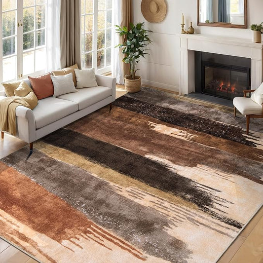 Ciicool Modern Abstract Brown Grey Rug for Living Room, 6'x9' Machine Washable Area Rug Non-Slip Rug, Low-Pile Contemporary Indoor Dining Floor Carpet for Bedroom Office Under Table Home Decor