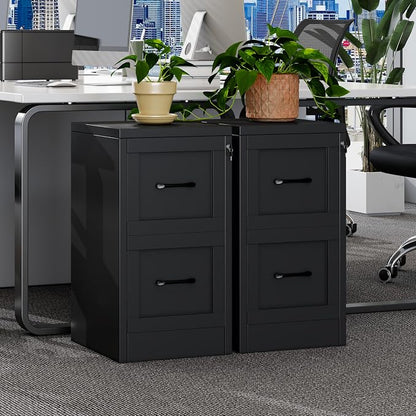 Small Metal 2-Drawer File Cabinet, Under-Desk Filing Cabinet, Black | Locking, Adjustable Hanging Rail, Fit A4, FC, Letter, Hanging File Folders for Home Office Storage Organization, 2PS