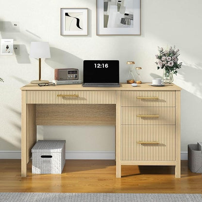 Modern Executive Desk with Drawers: 54 Inch Oak Home Office Desks with File Drawer, Wood Fluted Desk with Storage, Writing Computer Desks with 4 Drawers