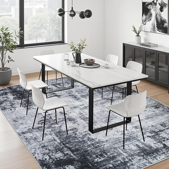 5x5 Area Rug Living Room Rug: Washable Modern Abstract Soft Thin Rug Indoor Floor No Slip Stain Resistant Carpet for Bedroom Dining Room Farmhouse Nursery Home Office - Dark Black