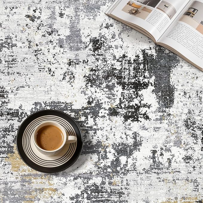 UERMEI 5x7 Area Rug for Living Room - Washable Neutral Modern Abstract Carpet, Non-Slip Soft Large Indoor Floor Rugs for Bedroom Home Office & Under Dining Table Decor, Black/White/Gold
