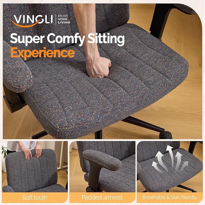 VINGLI Criss Cross Chair with Adjustable Flip-Up Arms,Cross Legged Chair with Wheels,Extra Wide Office Chair,Desk Chair for Home Office,Vanity,Bedroom, Apartment,Starry Chenille,Dark Grey