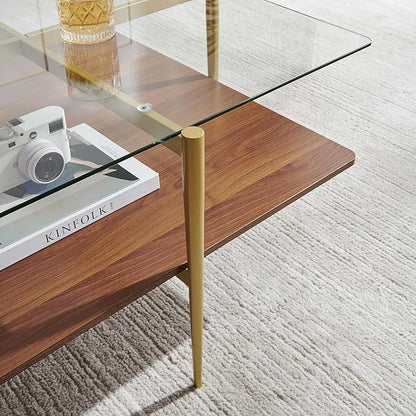 LumFurn X-Large Square Glass Coffee Table, Mid-Century Modern Design, L30 x W30 x H17 inch, for Living Room, Clear Glass Top and Walnut Finish Wood Shelf, Conical Legs with Gold Finish Frame
