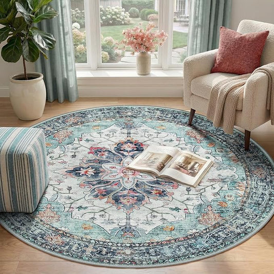 RELEANY Area Rugs Round 4ft Washable Non-Slip, Floral Vintage Distress Medallion Carpet for Living Room Bedroom Dining Room, Green Navy Blue White Red Teal