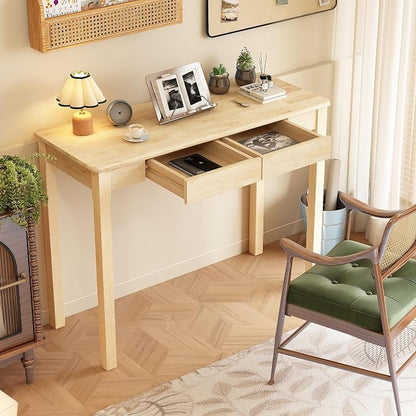 Solid Wood Desk with Drawers - 39 x 16 Inch Simple Narrow Desks, Rubber Wood Study Table, Small Writing Desk for Small Spaces|Bedroom - Natural Boho Desks