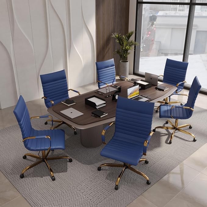 LeisureMod Harris High-Back Task Office Chair - Modern Leather Upholstery with Gold Frame, Ribbed Design 360 Degree Adjustable Swivel for Home, Office, and Study Room