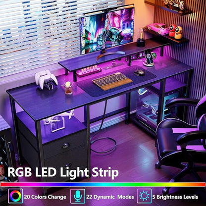 Furologee 51" Gaming Desk with Power Outlets & LED Lights, Reversible Computer Desk with File Cabinet & Monitor Stand for Home Office, Large Work Table with Storage Shelves & Drawer, Black