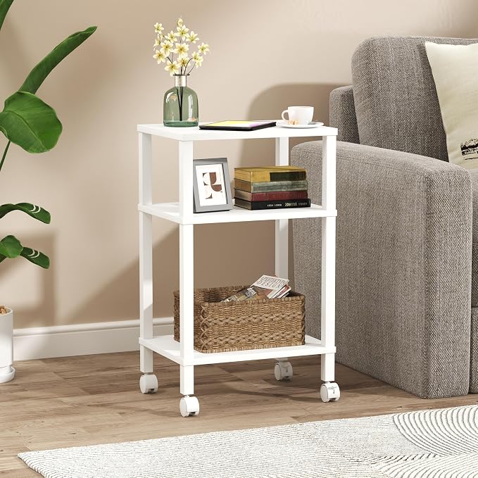 3-Tier Printer Stand with Storage, Mobile Printer Cart with Rolling Casters and Adjustable Feet, Under Desk Storage Shelf for Home Office,Small Printers, White, 15.7" x 11.8" x 25.9"
