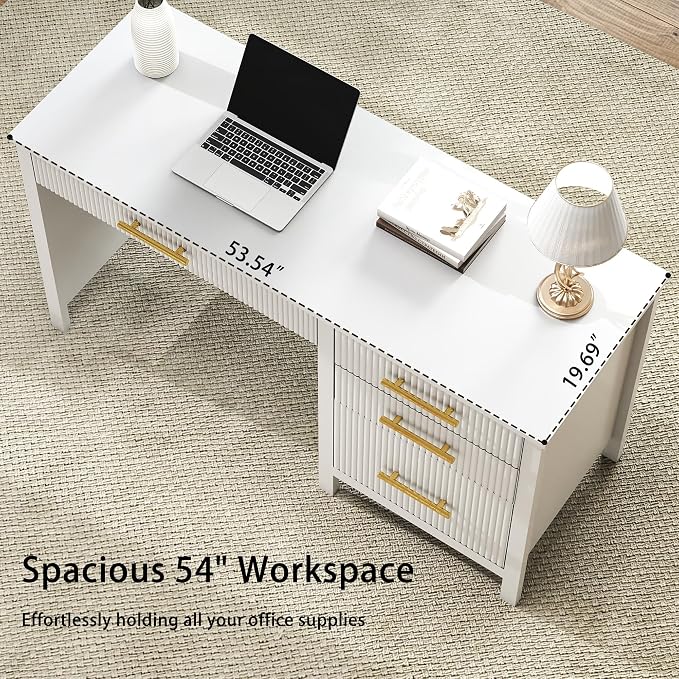 Fluted Executive Desk with Drawers: 54" White Home Office Desks with File Drawers, Modern Computer Desk with Gold Handles, Writing Table for Study, Living Room (White, 54")