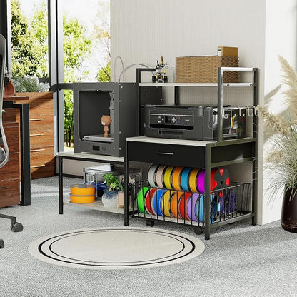 Saudism 3D Printer Stand with Storage Drawer and Rolling Filament Basket, Industrial Printer Table with Open Shelves and Hooks, Sturdy Metal Workstation for 3D Printing Tools and Accessories, Gray