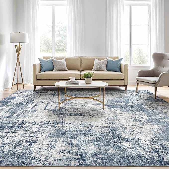 6x8 Area Rug Living Room: Washable Large Abstract Modern Soft Rug Stain Resistant Indoor Non-Slip Carpet for Bedroom Dining Room Nursery Kids Playroom Office Home House- Blue White