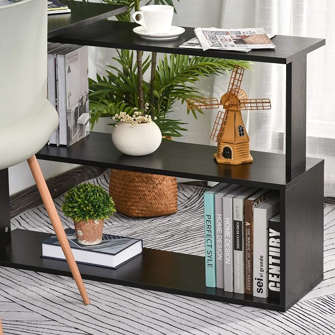 HOMCOM L Shaped Desk, Corner Computer Desk, 360 Degree Rotating Home Office Desk with Storage Shelves, Writing Table Workstation, Black