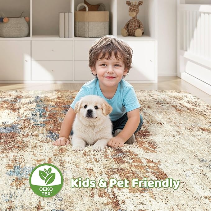 6x9 Area Rugs Washable Rug: Large Abstract Modern Soft Stain Resistant Indoor Floor Non-Slip Accent Carpet for Living Room Bedroom Nursery Playroom Dining Room Office Dorm Home House- Blue Orange