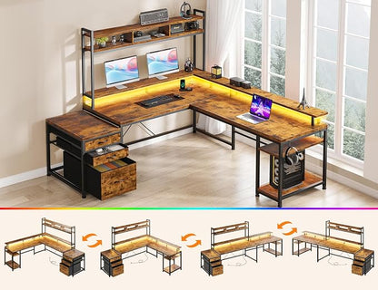 EnHomee 64 x 60 Inch Reversible L Shaped Gaming Desk with Shelves, 3 Drawers, Power Outlet & LED Lights, Two Person Corner Computer Desk with Monitor Stand for Home Office, Bedroom, Gaming Room