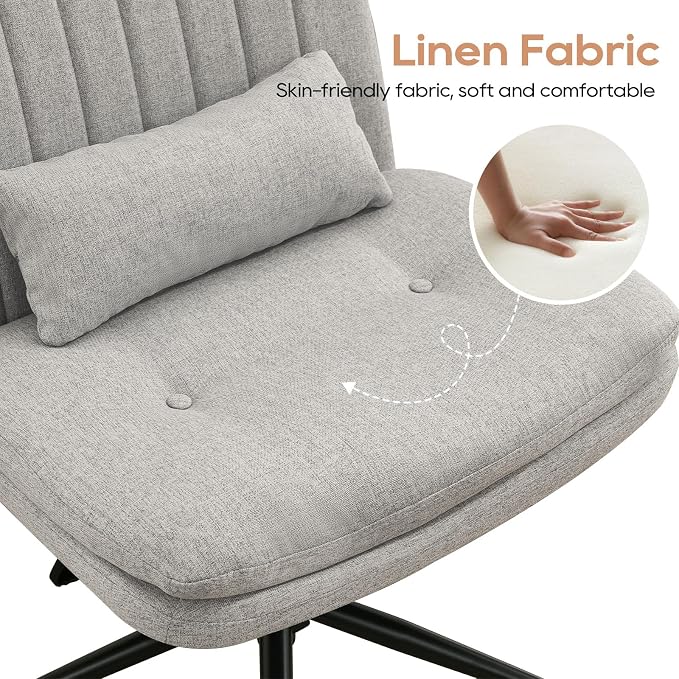 IPKIG Criss Cross Chair, Small Armless Desk Office Computer Chair with Wheels and Lumbar Pillow, Comfy Adjustable Swivel Task Vanity Chair Linen, Grey