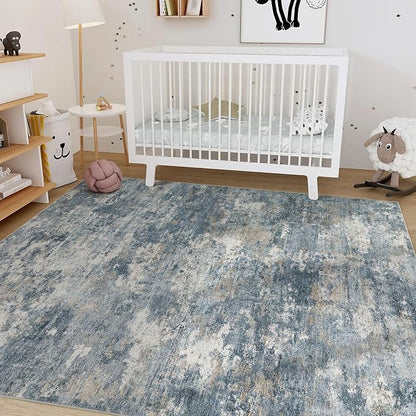 Nakagishi 7x9 Area Rugs Living Room: Washable Abstract Large Neutral Soft Rug Stain Resistant Modern Indoor Floor Non-Slip Carpet for Bedroom Nursery Kids Playroom Office Dining Room Dorm-Blue Brown