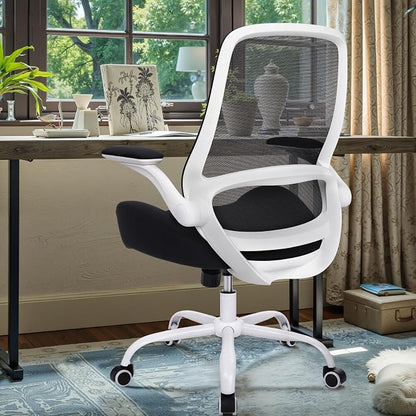 HYLONE Office Chair Ergonomic Chair with Flip up Armrests, 5" Thickened Seat Computer Chair with Breathable Mesh Back Home Office Computer Chairs for Long Hours Mesh Office Chair(White Base&Black)