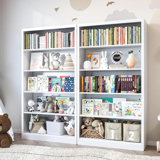 VASAAOSD White Bookshelf, 55” Adjustable Tall Metal Bookshelf, 5-Tier Wide Bookshelf with Anti-Tilt Device, Modern Book Cases and Book Shelves for Bedroom, Living Room, Playroom, Study
