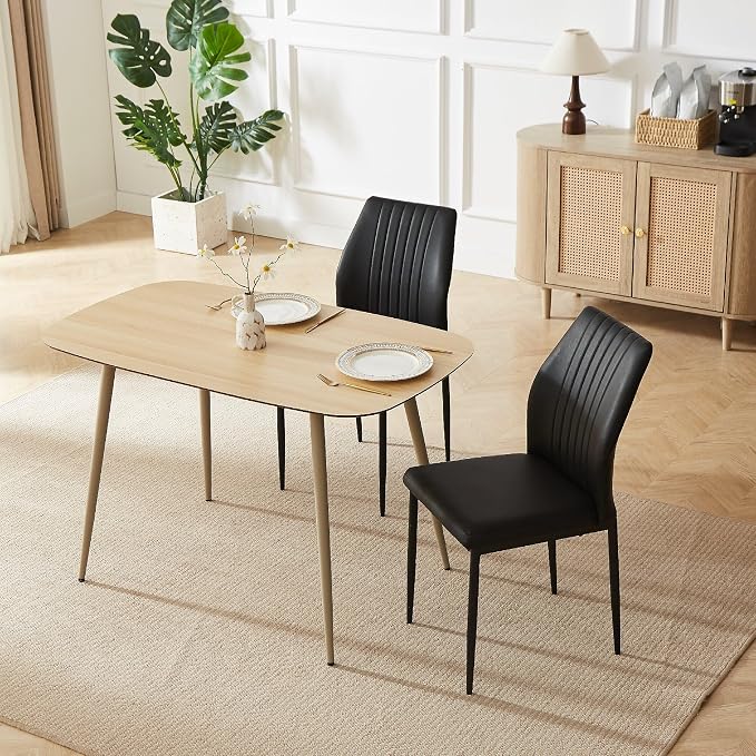 HIPIHOM 47.2'' Modern Solid Wood Dining Table Set for 4 with Scratch-Resistant Surface & 4 Black Leather Chairs - Cat-Friendly Kitchen Dining Room Furniture Set