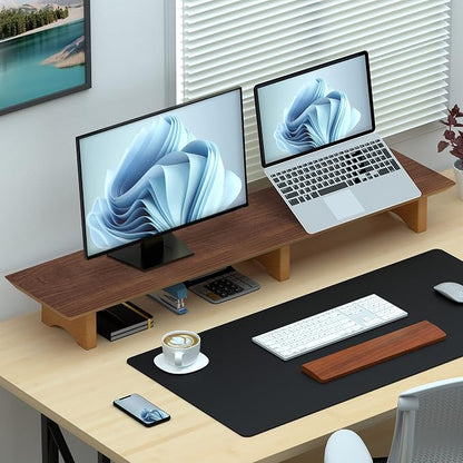 Aothia Solid Wood Dual Monitor Stand Riser for Desk, 43 Inch Black Walnut Computer Monitor Riser with Cork Legs, Extra Long Desktop Organizer Shelf for 2 Monitors, Laptop & Printer