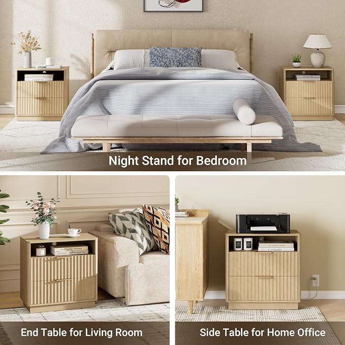 Fluted Nightstand, Night Stand Set 2, 23" Wide Nightstands Set of 2 with Charging Station, 2 Drawers Large End Table w/Storage, Modern Bedside Table for Bedroom, Curved Corners, Natural Oak