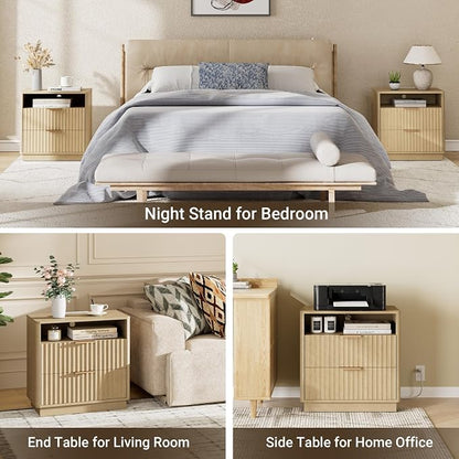 Fluted Nightstand, Night Stand Set 2, 23" Wide Nightstands Set of 2 with Charging Station, 2 Drawers Large End Table w/Storage, Modern Bedside Table for Bedroom, Curved Corners, Natural Oak