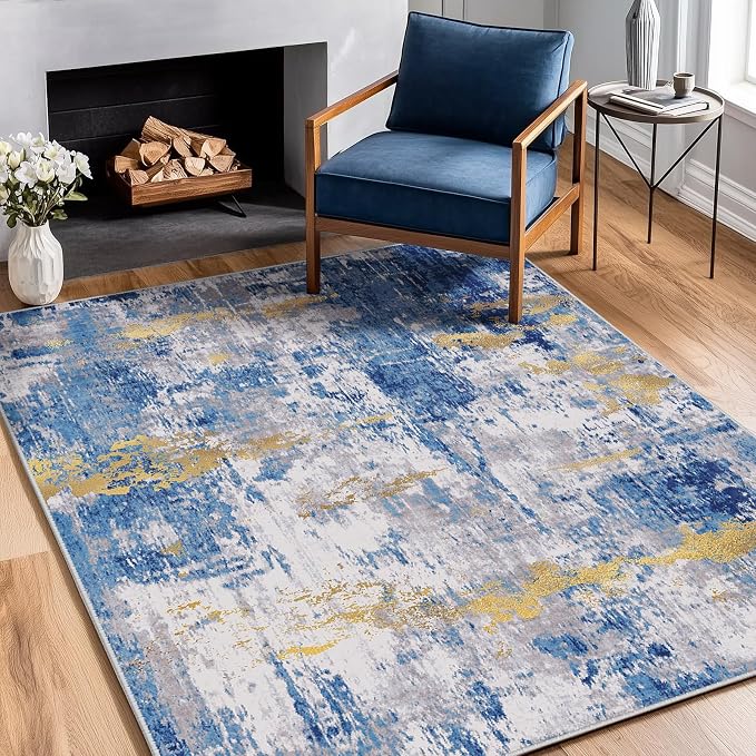 RELEANY Washable Area Rugs 4'x5' Non-Slip Modern Abstract Soft for Living Room Entryway Bedroom Kitchen, Print Pattern, Grey Blue Gold/Golden