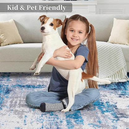 Ciicool Modern Abstract Rug for Living Room, 5'x7' Machine Washable Area Rug Non-Slip Rug, Low-Pile Contemporary Indoor Dining Floor Carpet for Bedroom Office Under Table Home Decor Grey Blue